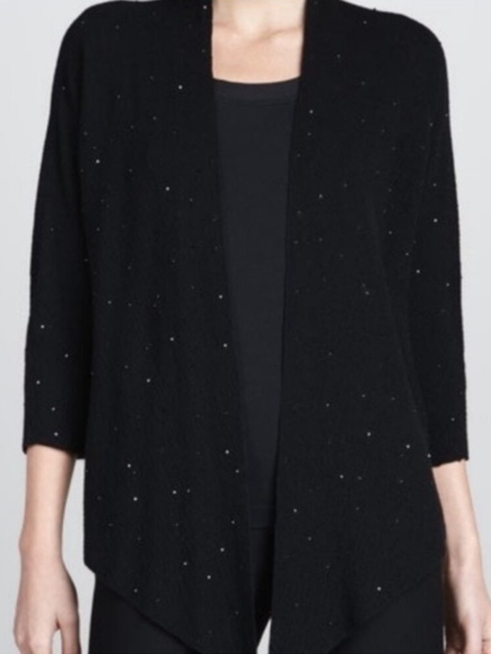 Eileen Fisher 100% Merino Wool Black Drape Front Beaded Cardigan